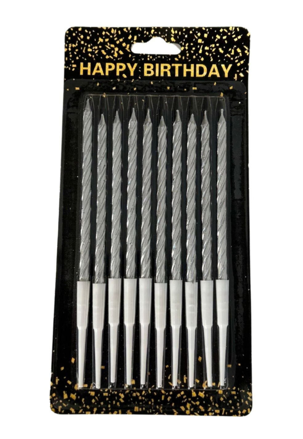 A pack of 10 metallic silver birthday candles displayed on a card with 'Happy Birthday' text.