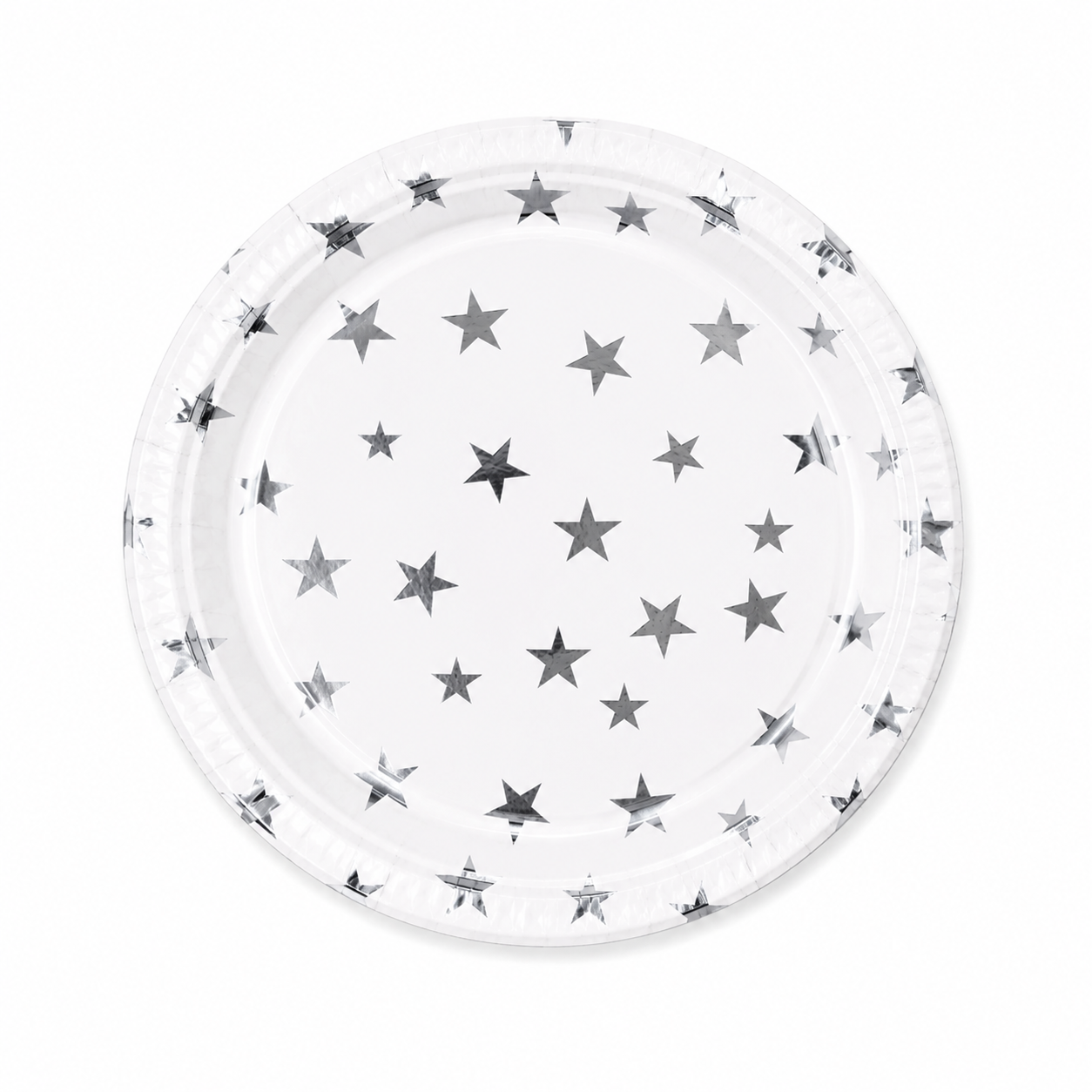 Silver Celebration Star Paper Plate with metallic foil stars on white background
