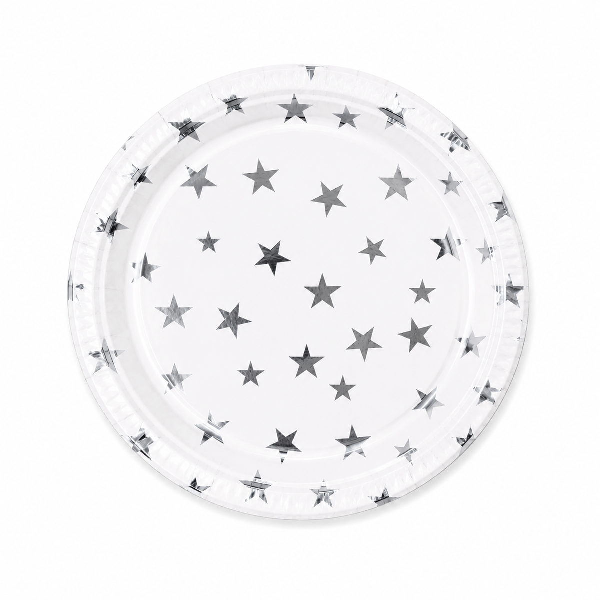 Silver Celebration Star Paper Plate with metallic foil stars on white background