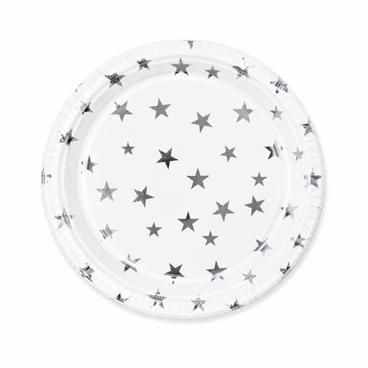 Silver Celebration Star Paper Plate with metallic foil stars on white background