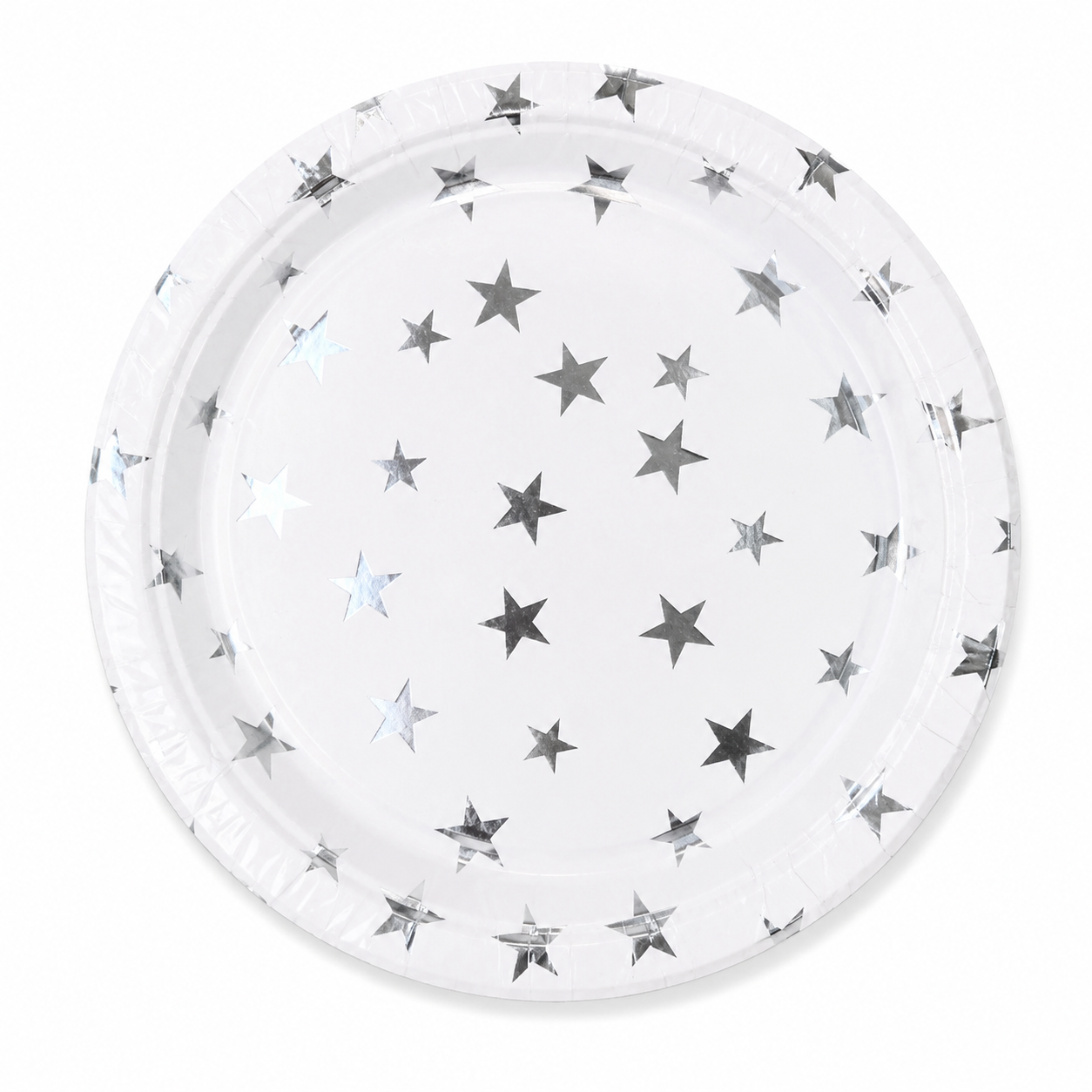 Silver Celebration Star Paper Plate with metallic foil stars on white background