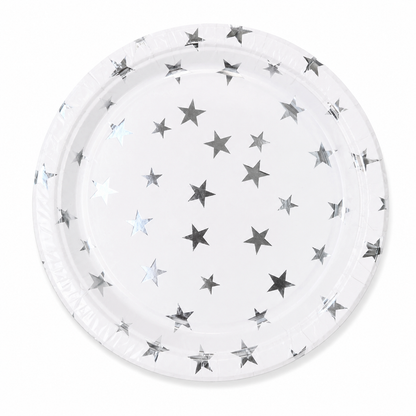 Silver Celebration Star Paper Plate with metallic foil stars on white background