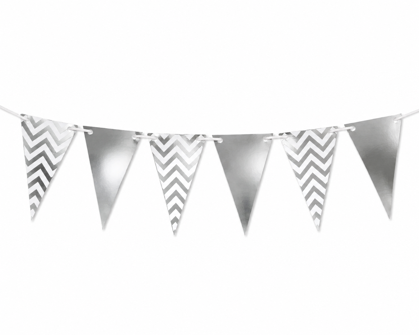 Silver metallic chevron and solid triangle bunting banner on a white background.