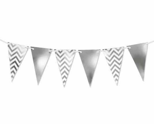 Silver metallic chevron and solid triangle bunting banner on a white background.