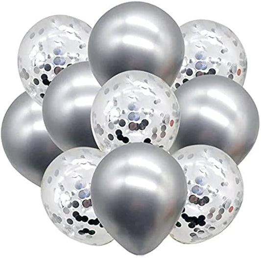 A cluster of round silver confetti balloons with dots and reflective surfaces, intended for party decorations.