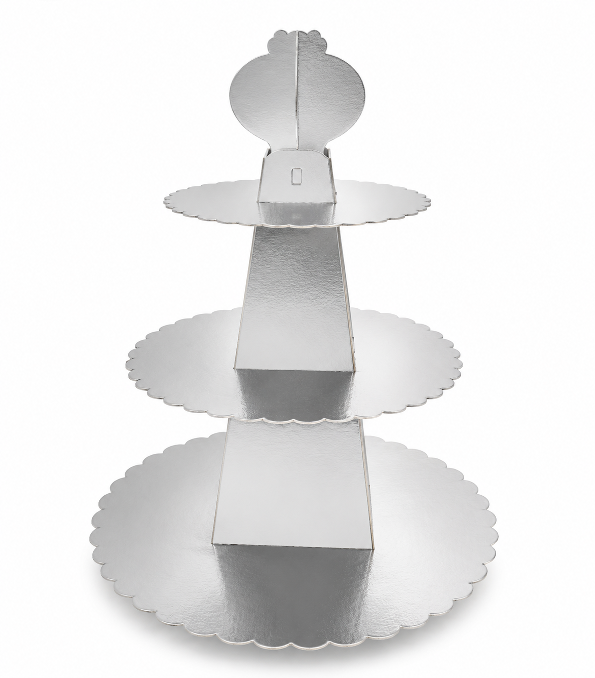 Silver three-tiered cupcake stand on a white background