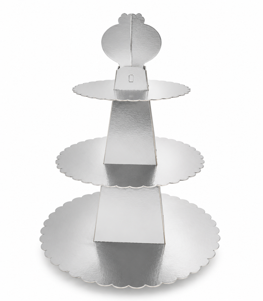 Silver three-tiered cupcake stand on a white background