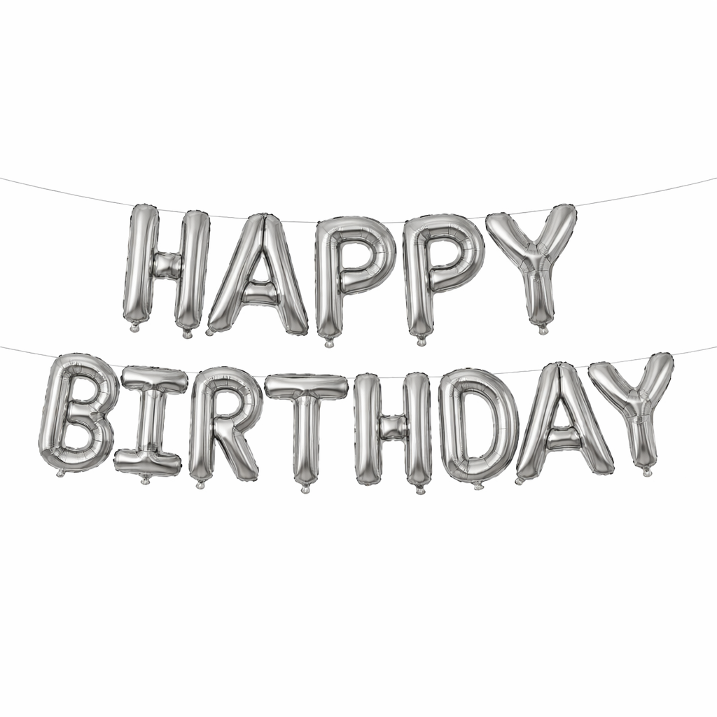 Silver 'Happy Birthday' balloon banner on a white background