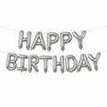 Silver 'Happy Birthday' balloon banner on a white background