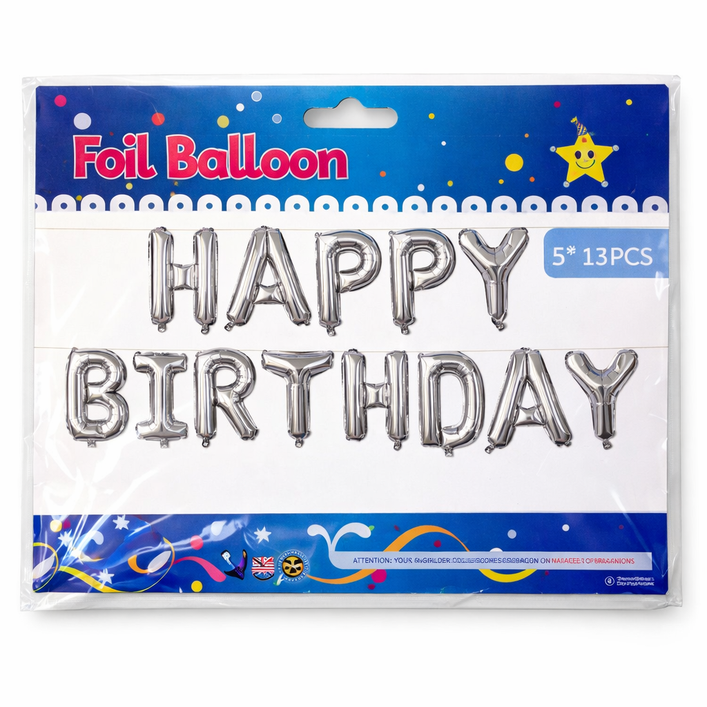 Packaged silver foil balloons spelling 'Happy Birthday' with a blue background