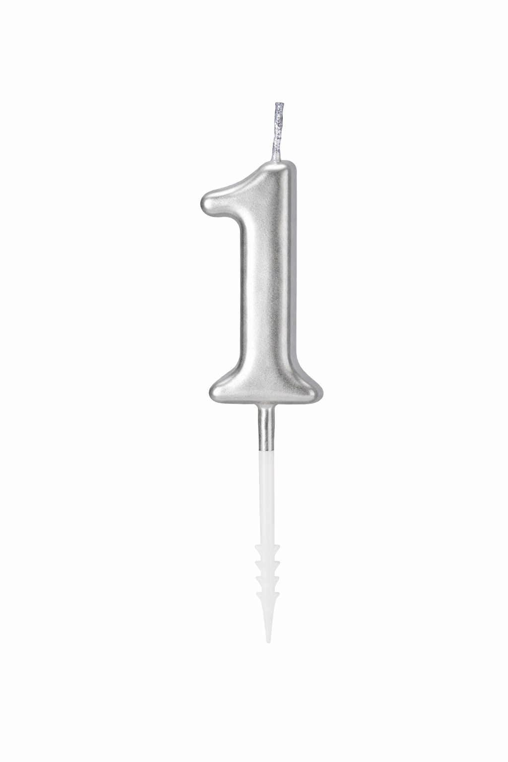 Silver number '1' birthday candle on a white background