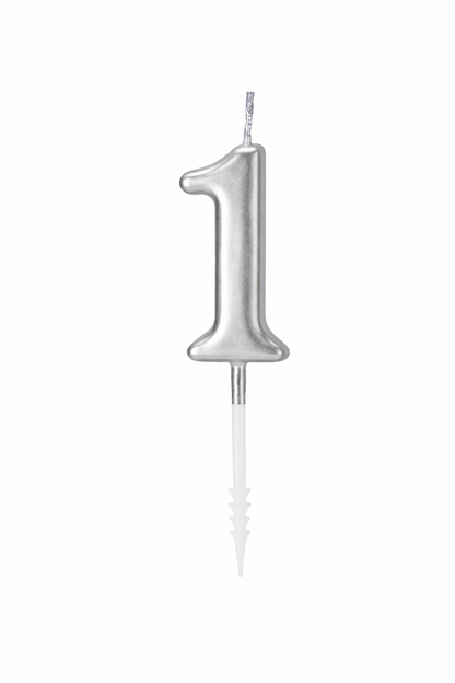 Silver number '1' birthday candle on a white background