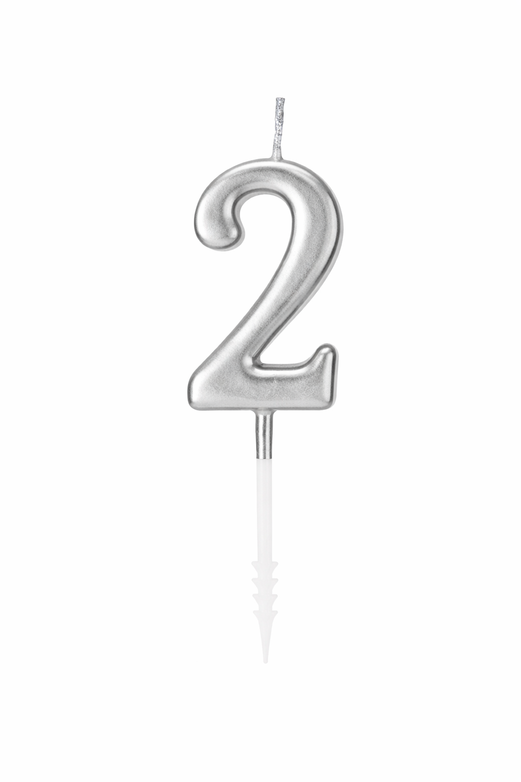 Silver number '2' birthday candle on a white background