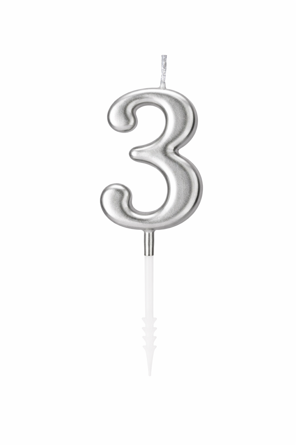Silver number '3' birthday candle on a white background