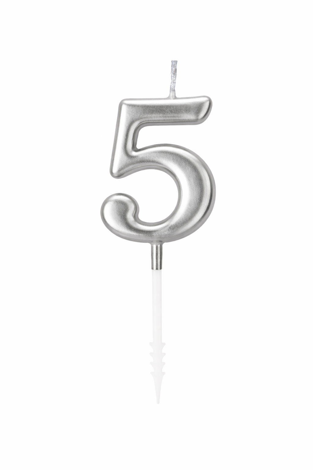 Silver number 5 candle on a white background