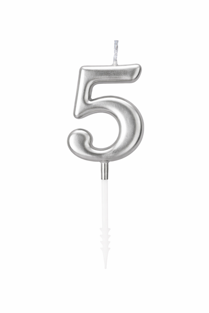 Silver number 5 candle on a white background