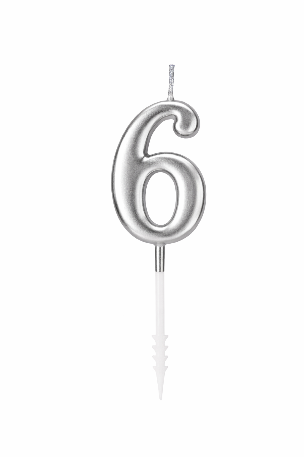 Silver number 6 birthday candle on a white background