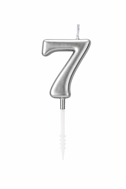 Silver number 7 candle on a white background