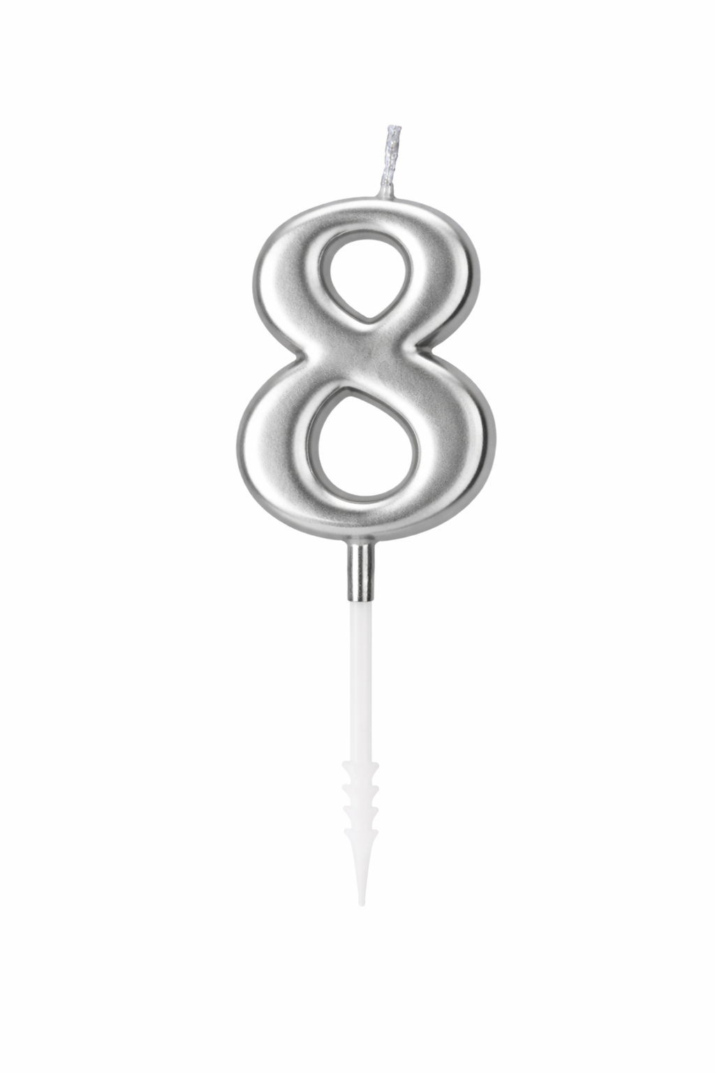 Silver number 8 candle on a white background