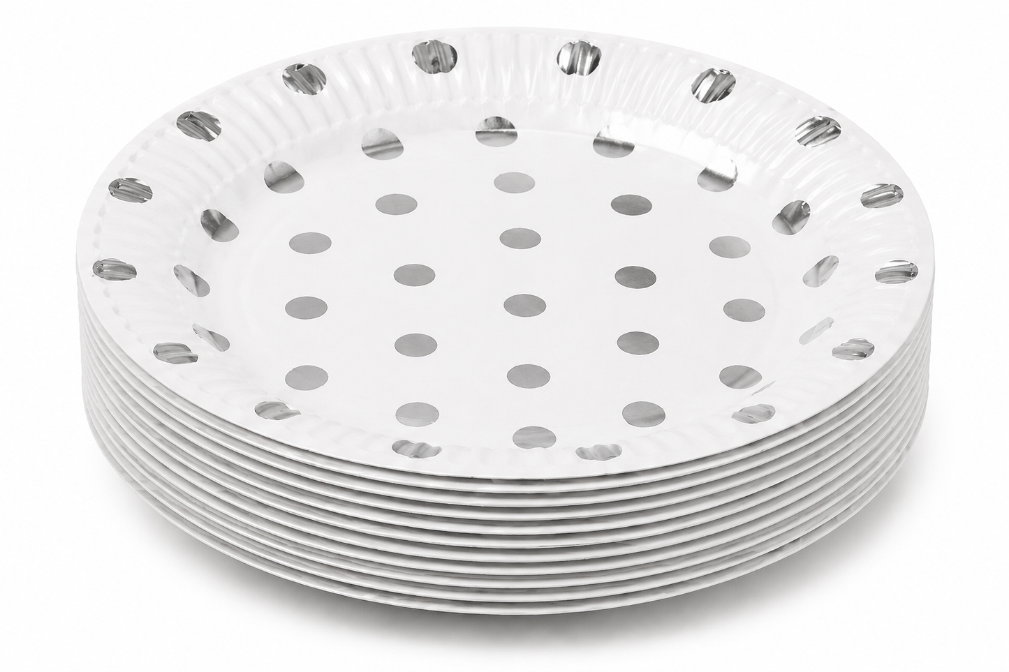 Stack of metallic polka dot paper plates on deep white background