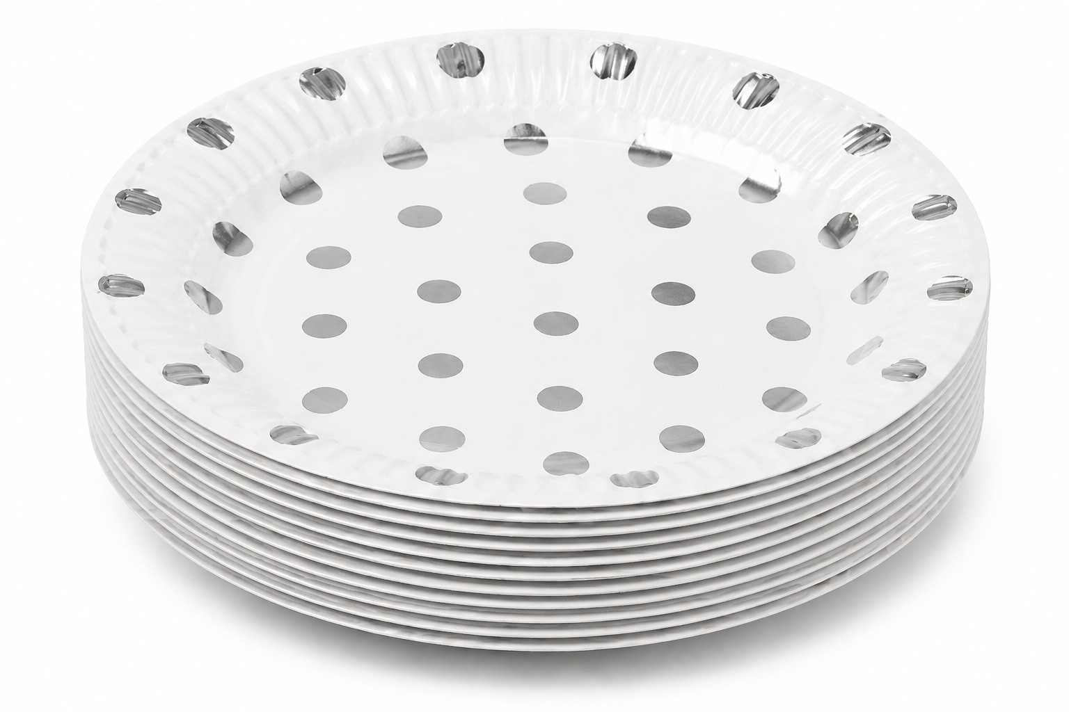 Stack of metallic polka dot paper plates on deep white background