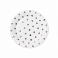 White paper plate with metallic silver polka dot design on white background