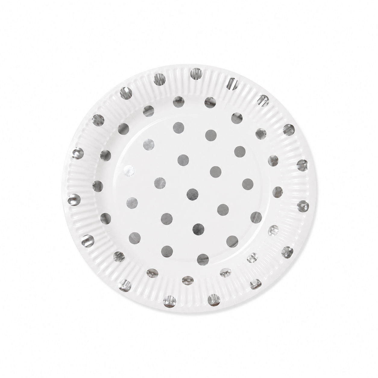 White paper plate with metallic silver polka dot design on white background
