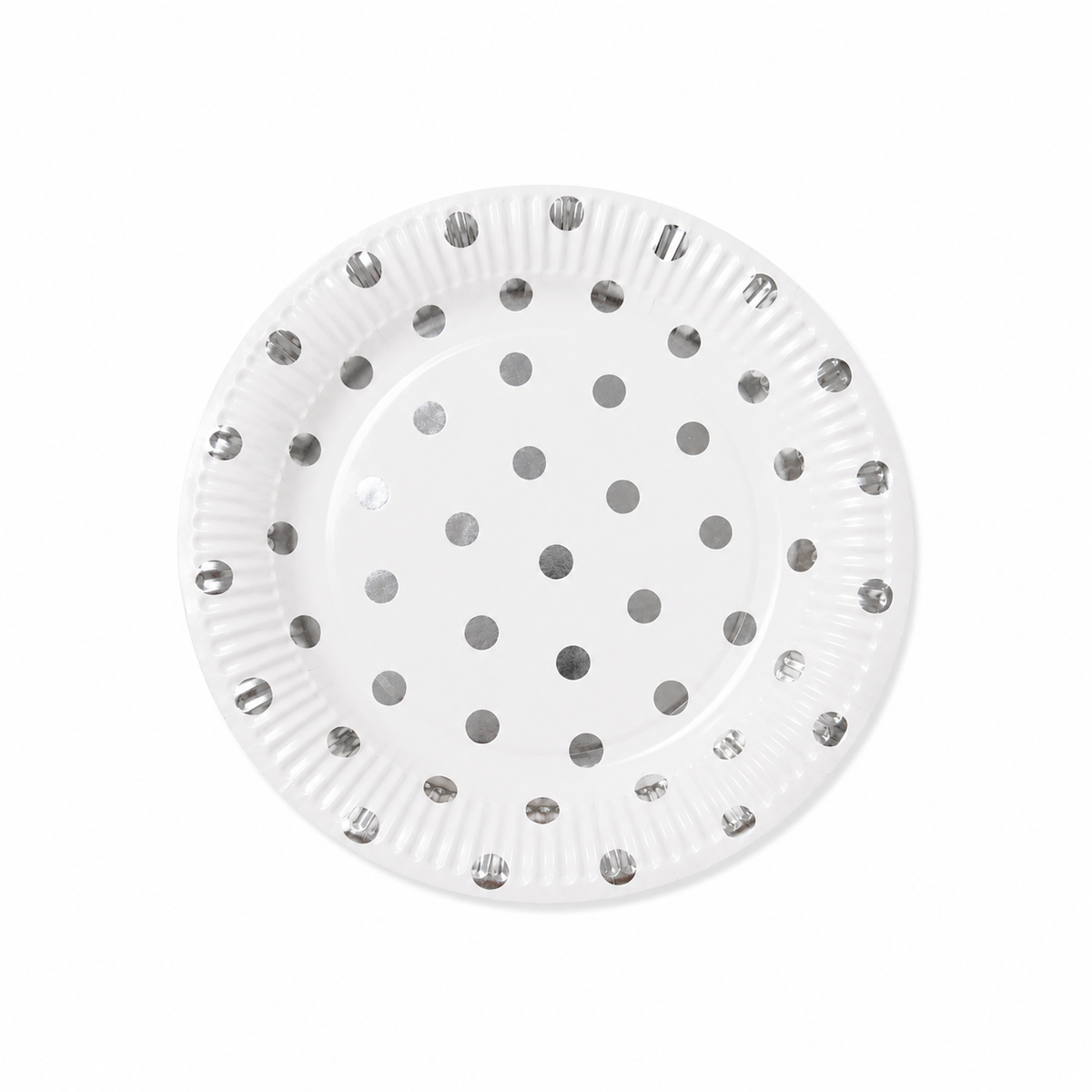 White paper plate with metallic silver polka dot design on white background