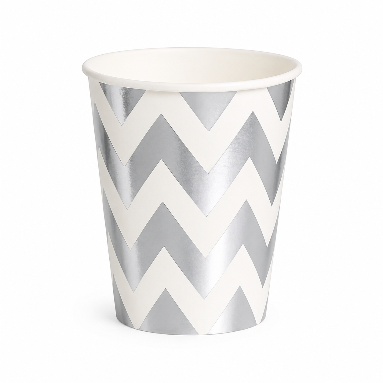Paper cup with silver and white chevron pattern on a white background