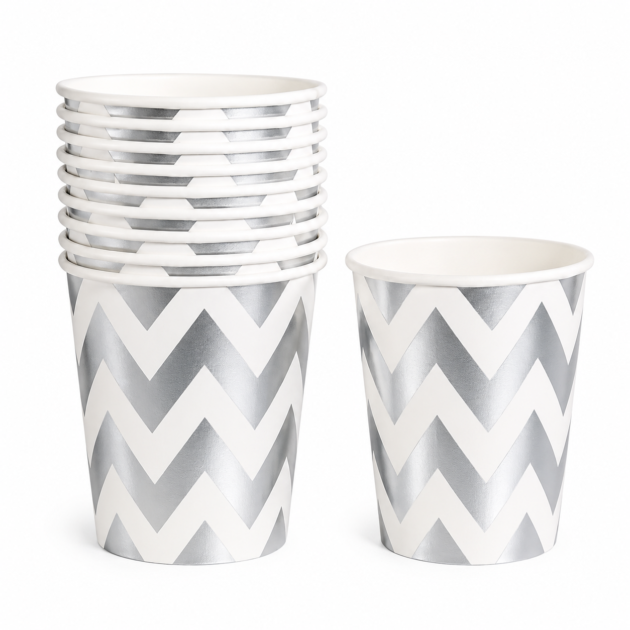 Set of paper cups with silver and white chevron pattern on a white background