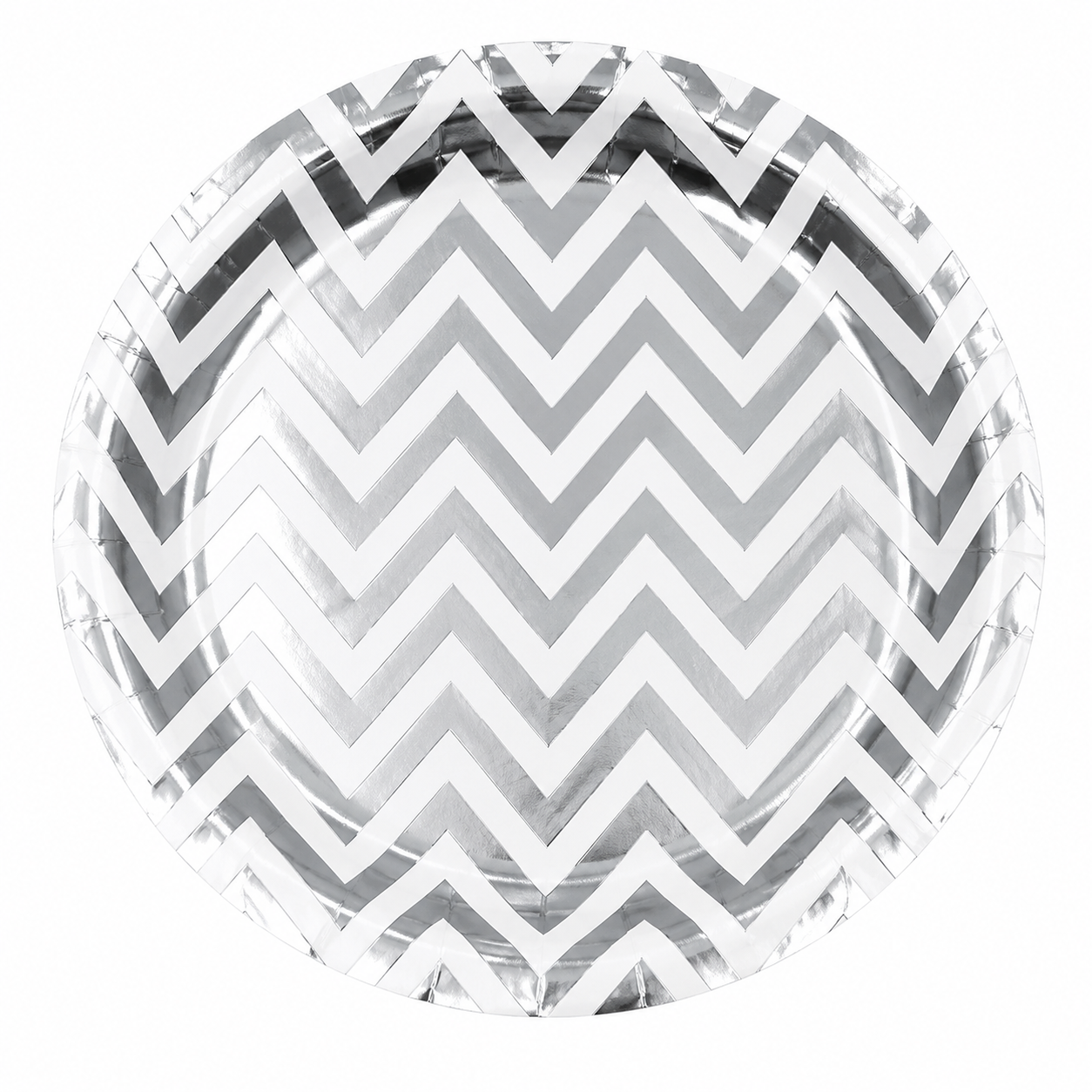 Silver Zigzag Paper Plate with metallic chevron design on white background