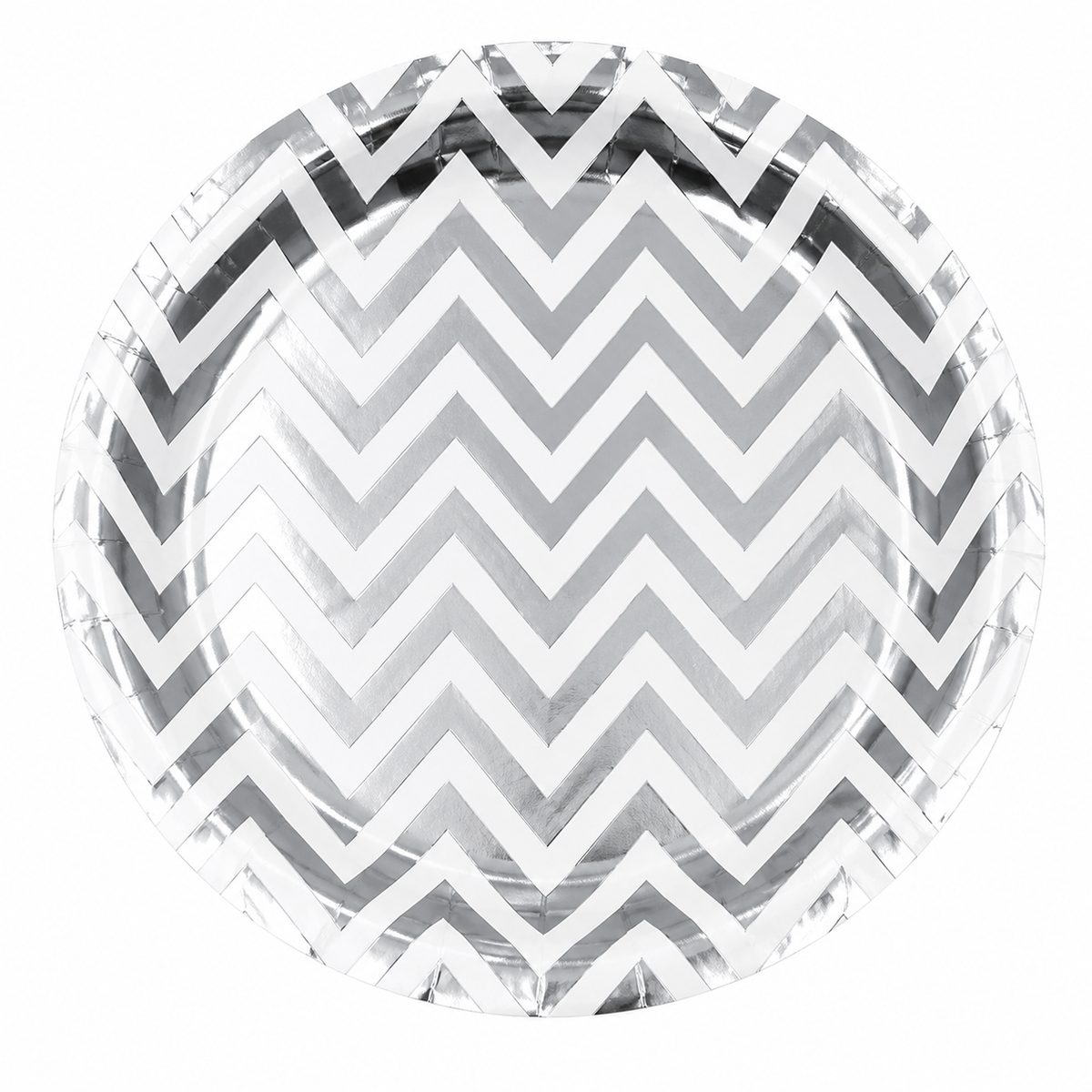 Silver Zigzag Paper Plate with metallic chevron design on white background