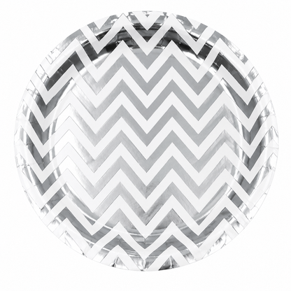 Silver Zigzag Paper Plate with metallic chevron design on white background
