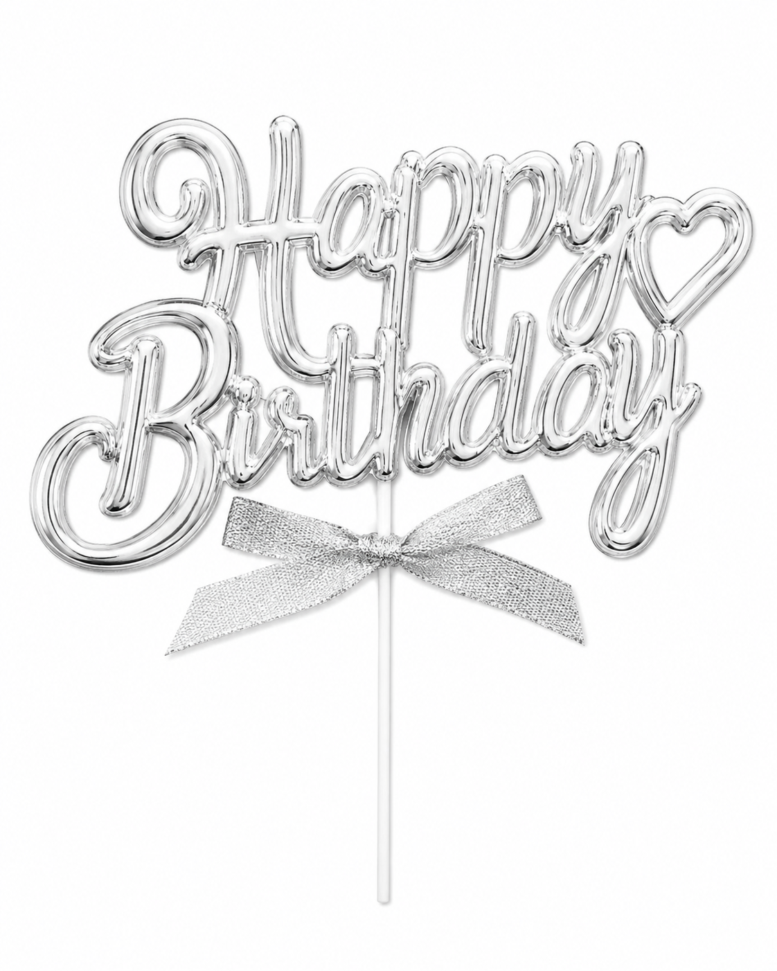 Silver 'Happy Birthday' cake topper with a bow on a white background