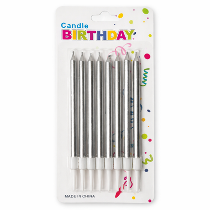 Pack of birthday candles in packaging with colorful text and designs.