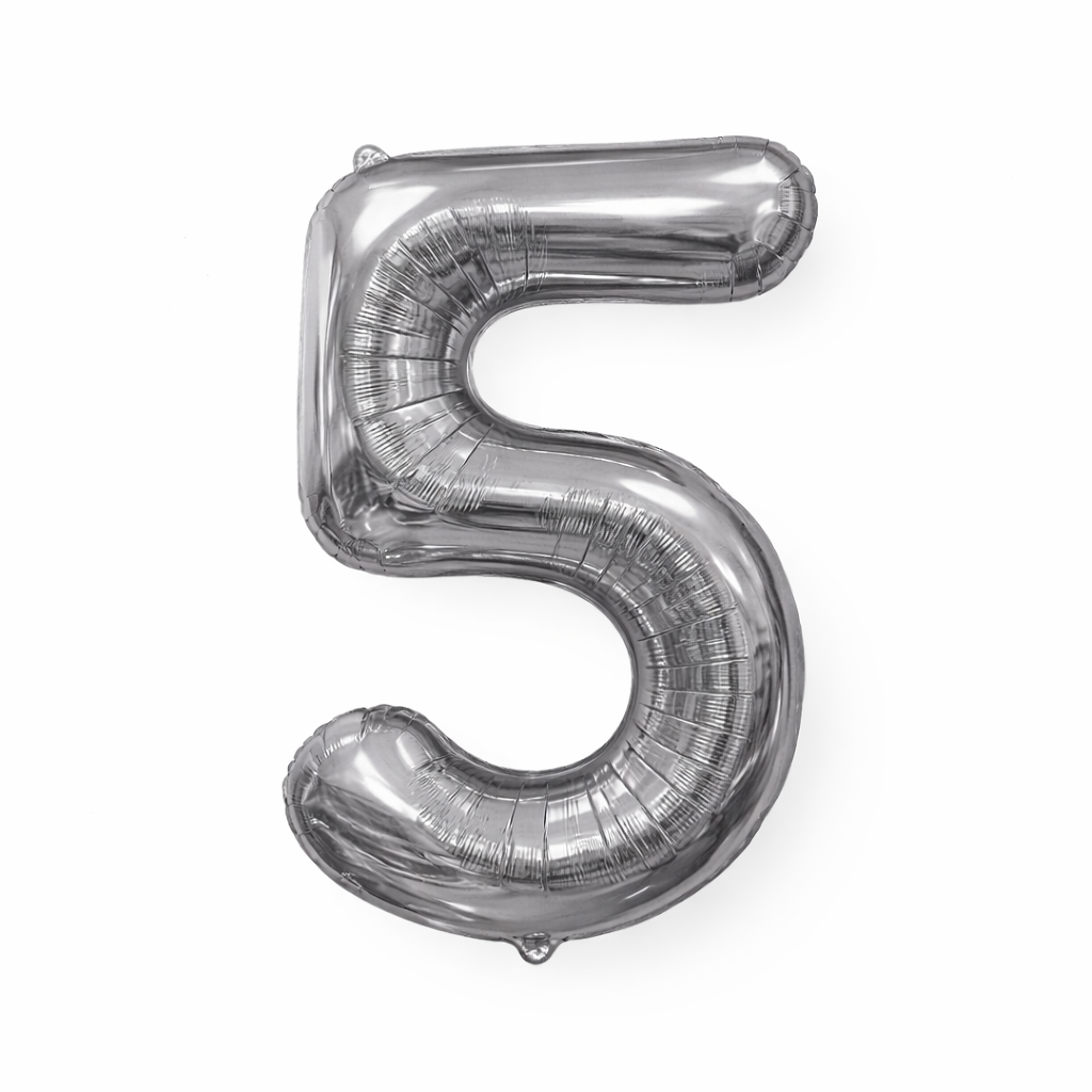 Silver number 5 balloon on a white background