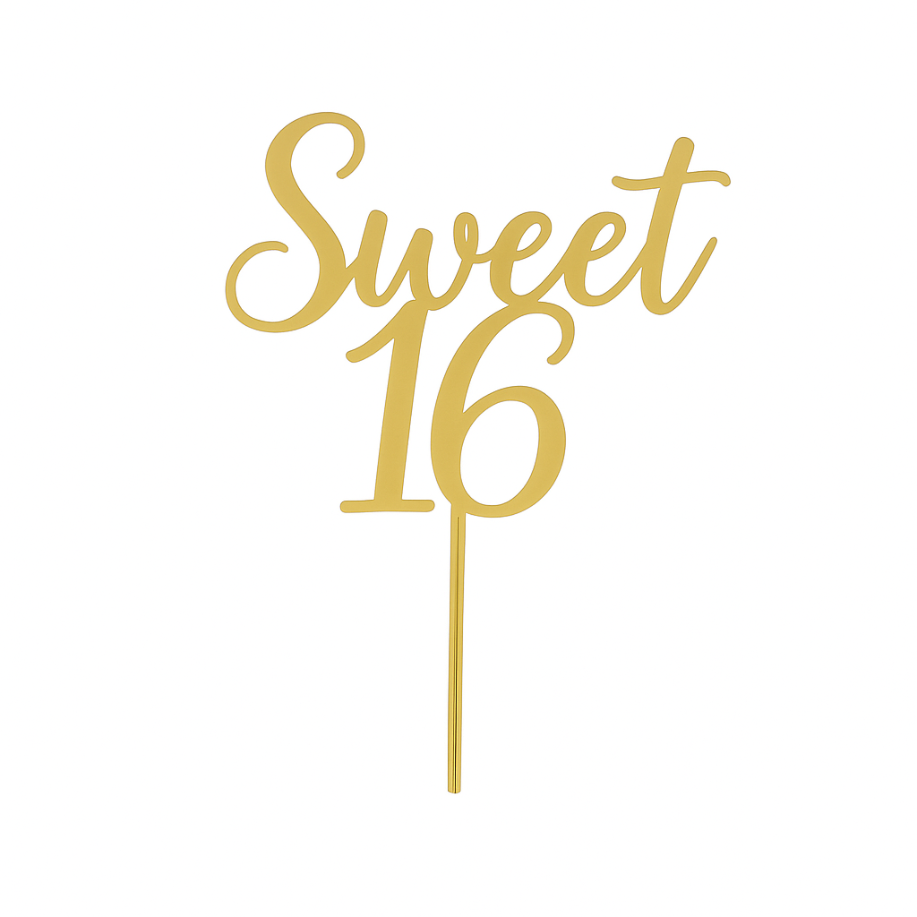 Gold "Sweet 16" acrylic cake topper with sleek, shiny finish — ideal for milestone birthdays