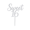 Elegant silver "Sweet 16" birthday cake topper in acrylic with a smooth, polished look
