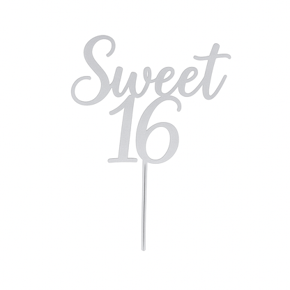 Elegant silver "Sweet 16" birthday cake topper in acrylic with a smooth, polished look