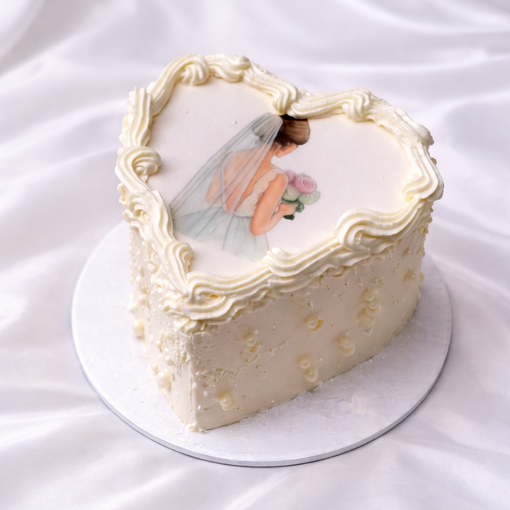 Heart-shaped cake with a bride and groom design on a white background