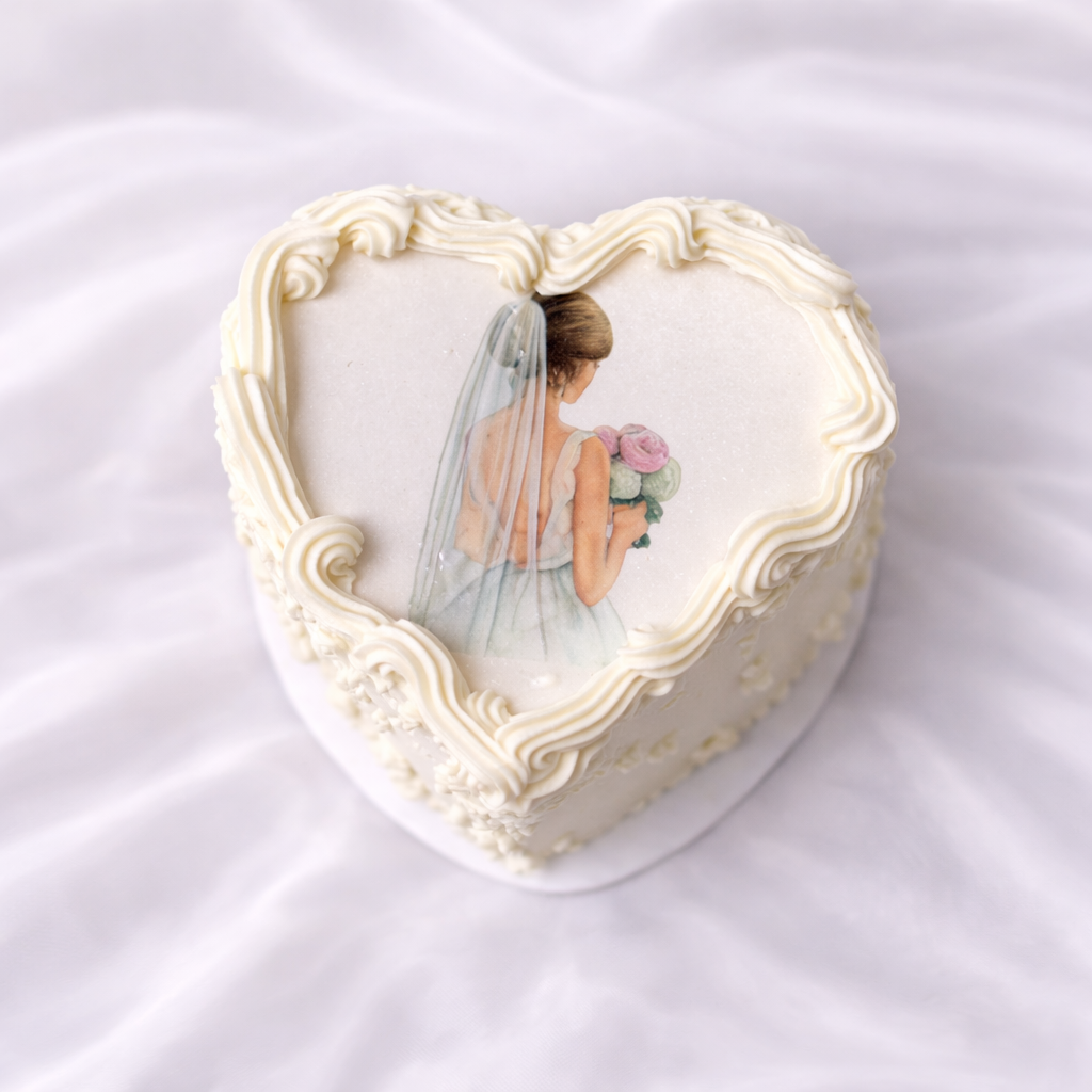 Decorative heart-shaped box with a bride illustration on a white background