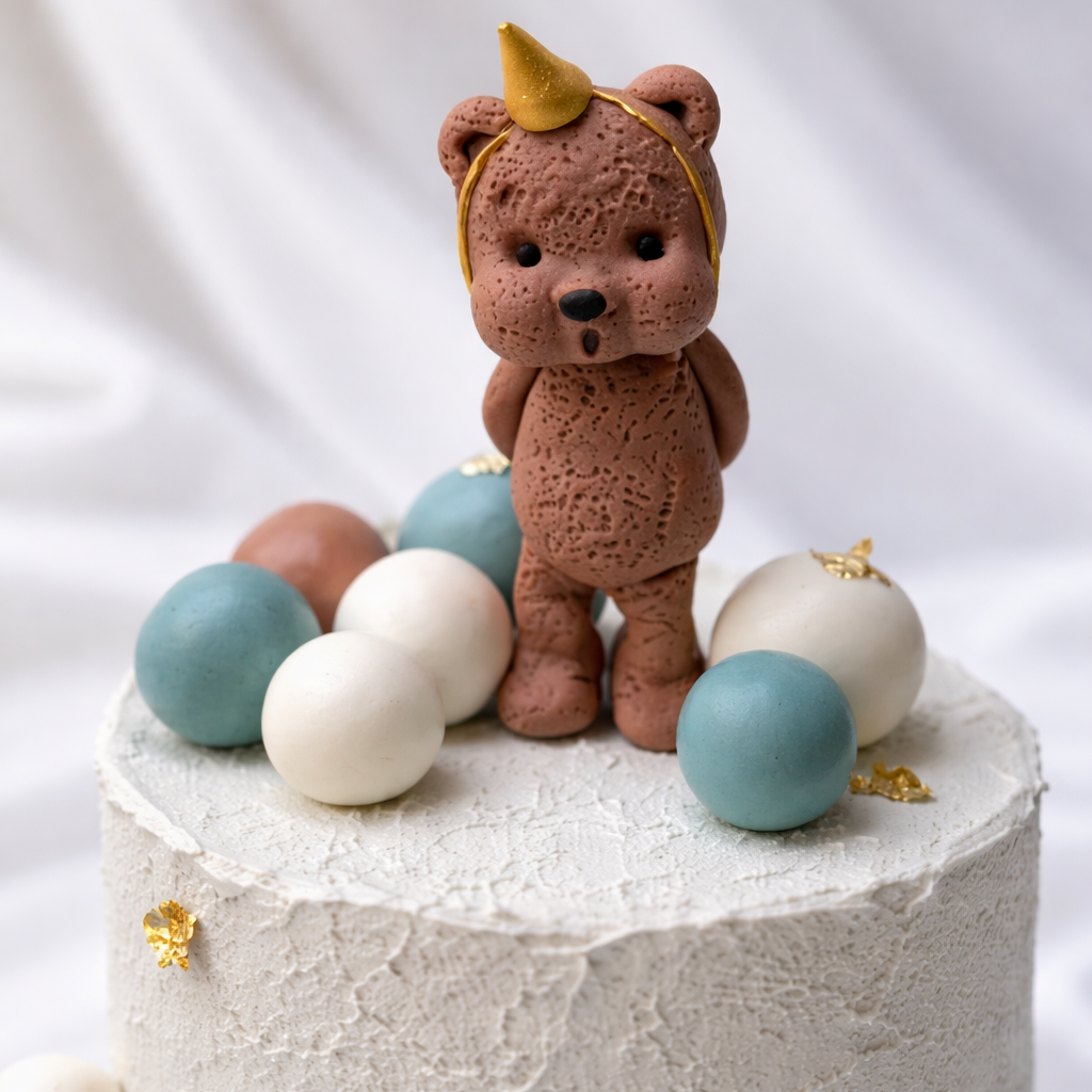 Small brown teddy bear cake topper on a white cake with blue and white spherical decorations.