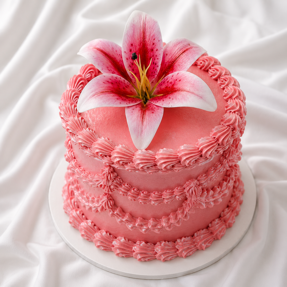 Pink cake with a large pink flower on top against a white fabric background