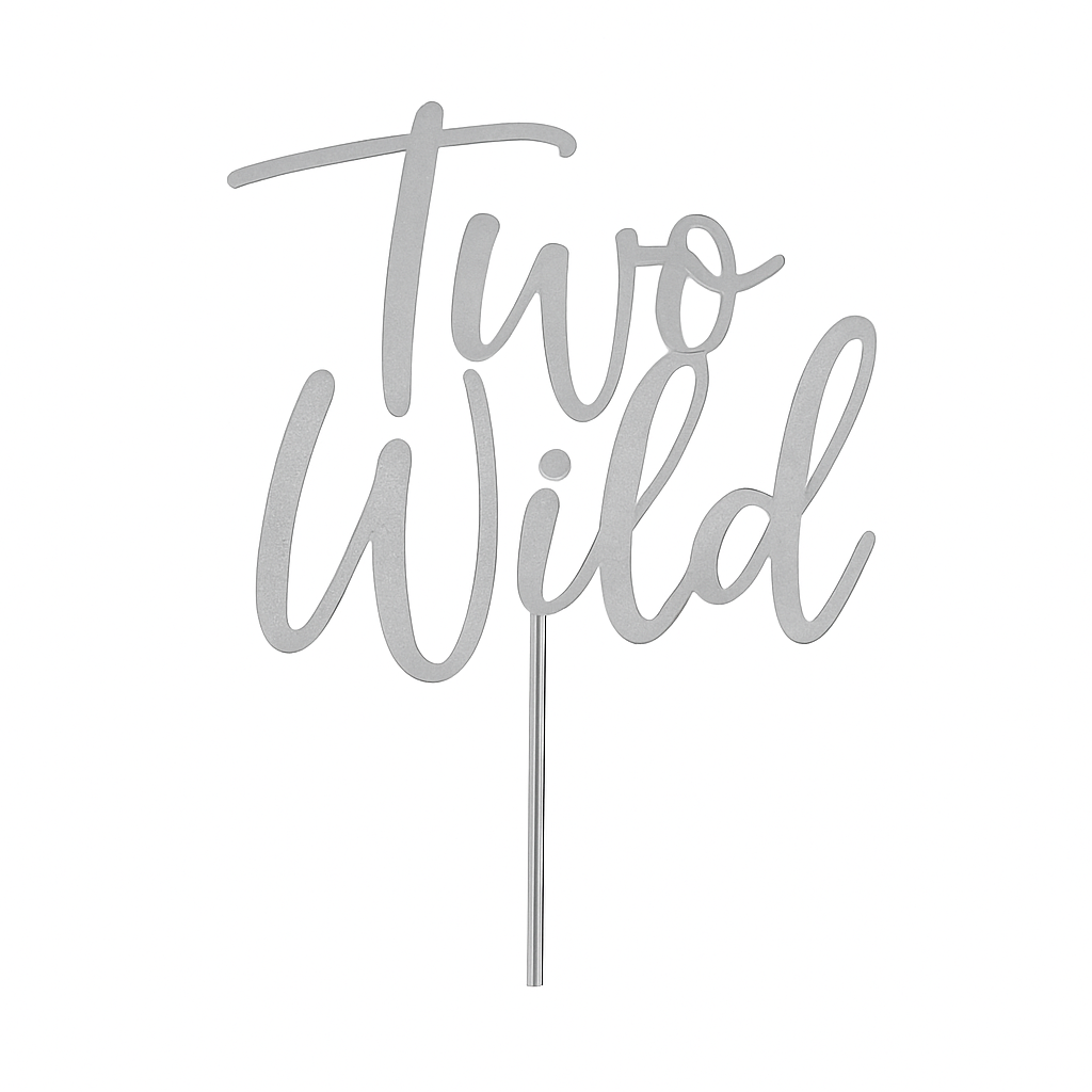 Silver acrylic "Two Wild" cake topper for jungle or safari-themed second birthdays