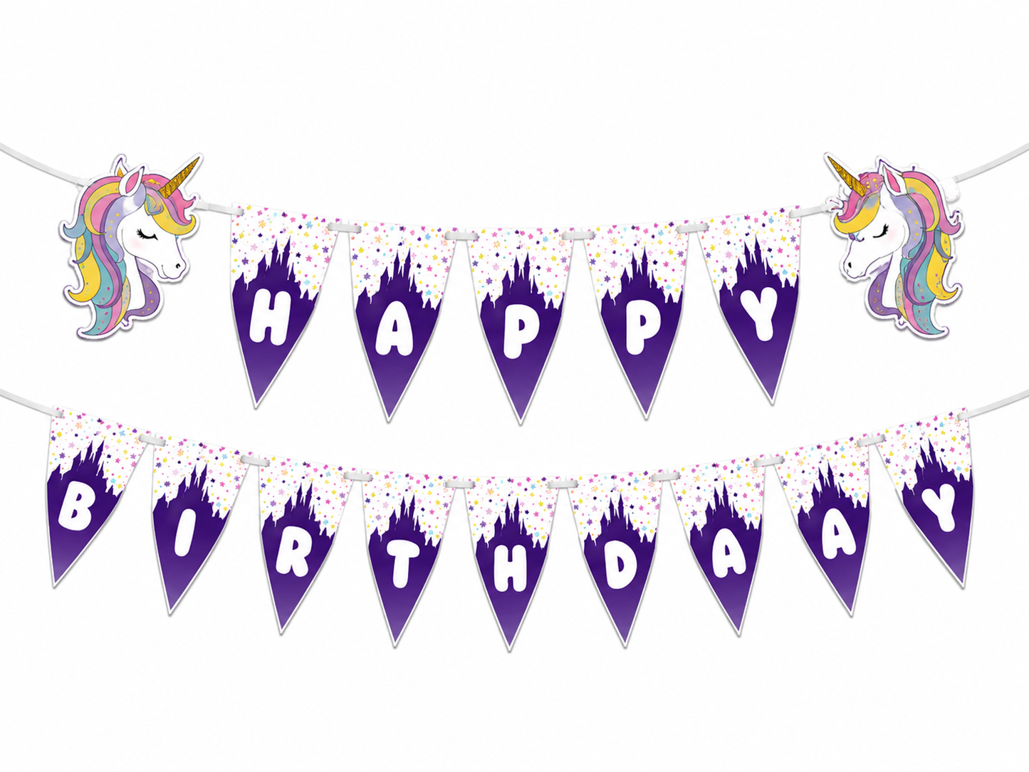 Happy Birthday banner with unicorn designs on a white background