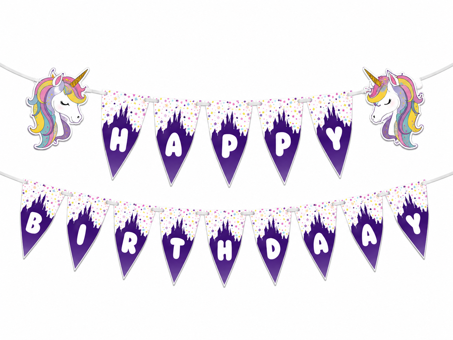 Happy Birthday banner with unicorn designs on a white background