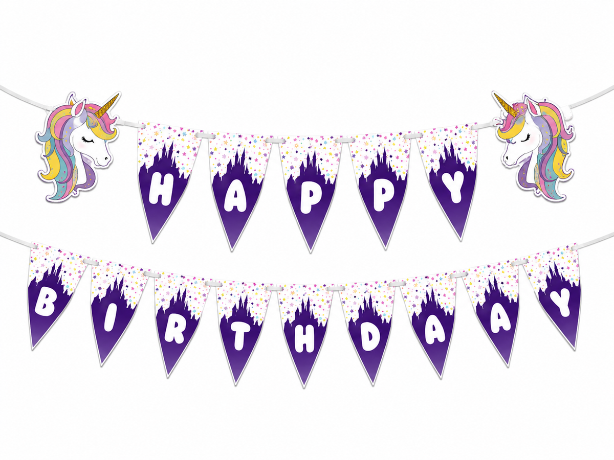 Happy Birthday banner with unicorn designs on a white background