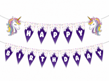 Happy Birthday banner with unicorn designs on a white background