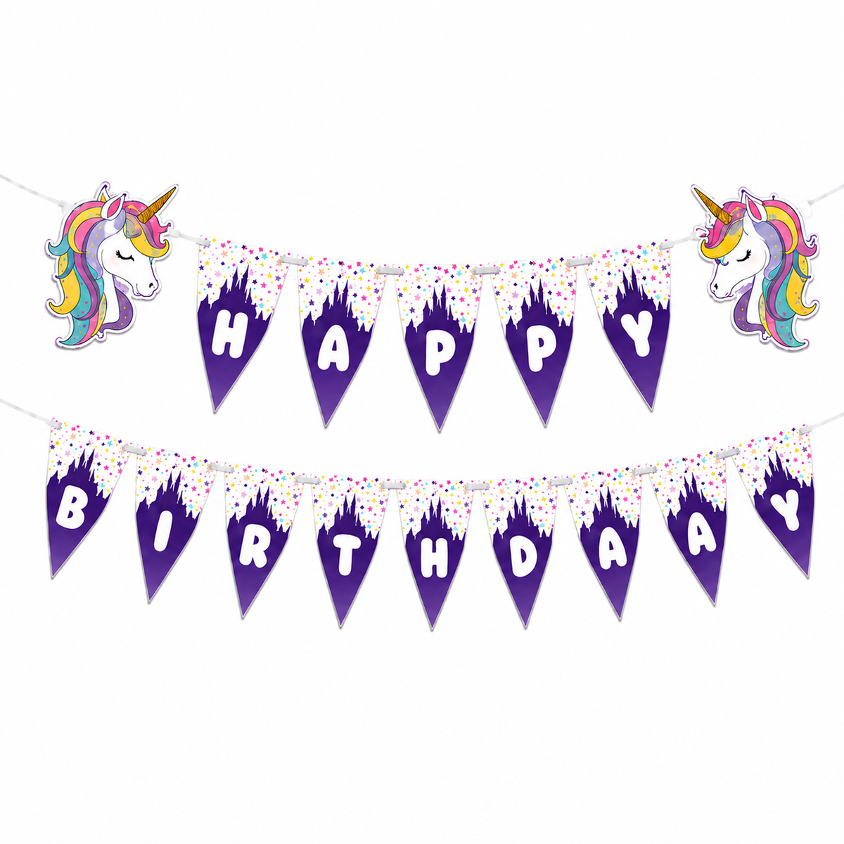 Unicorn-themed 'Happy Birthday' banner with colorful unicorns on a white background