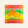 Colorful card with mango illustrations and Arabic text on a white background